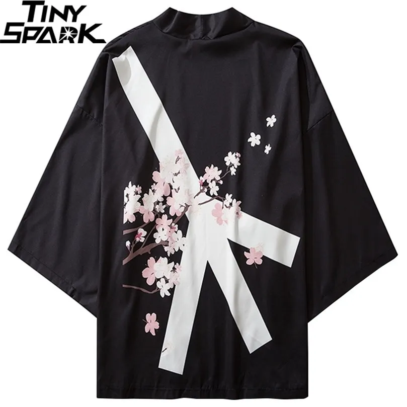 Японская куртка с кимоно мирный знак цветочный хараджуку хип -хоп мужчина японская уличная одежда летняя тонкая одежда свободная кимоно 201128