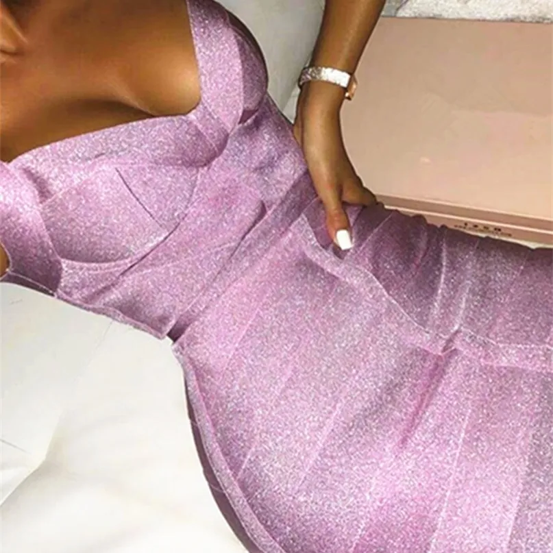 Dames Sexy col en V dos nu violet brillant femmes robe de pansement mode scintillant robe de soirée Vestido 220509
