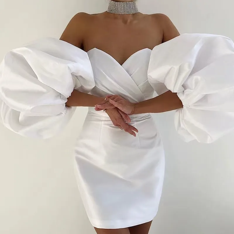 structured off the shoulder puff sleeve mini prom dress May Queen MQ2040