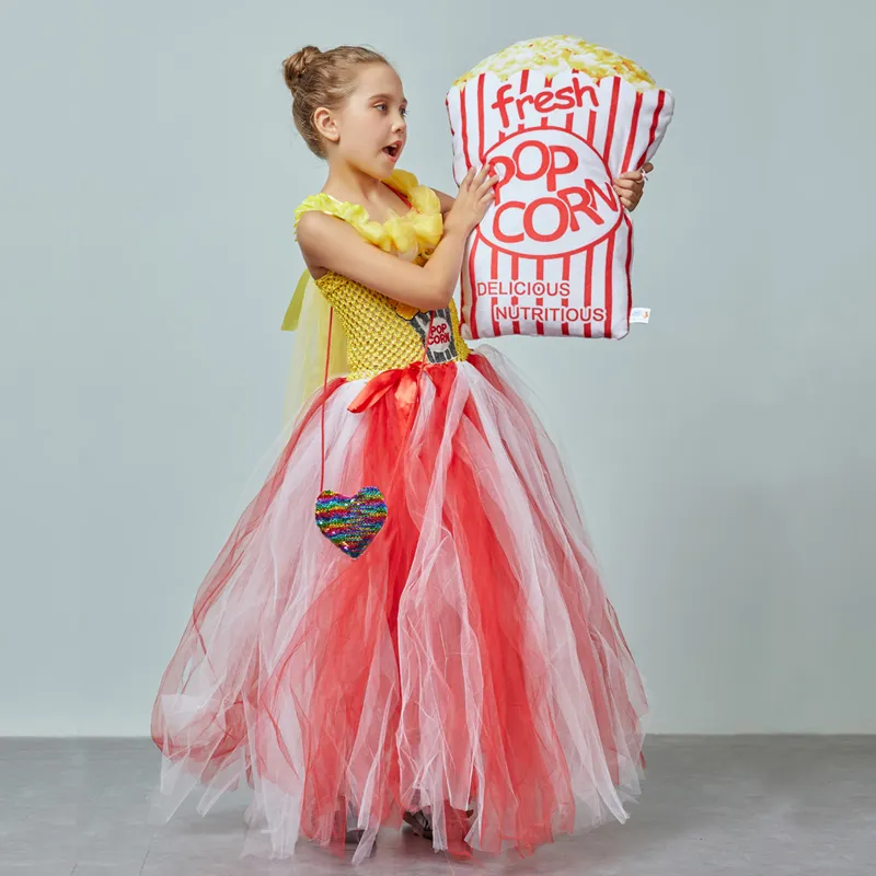 Circus Popcorn Girl Tutu Dress Carnival Birthday Party Wedding Flower Sequin Ball Gown Costume Kids Pop Corn Food Tulle Dress (8)