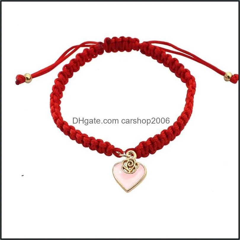 handmade braided love heart shape chain bracelet women lucky red rope knot for valentine`s gift charm bracelets