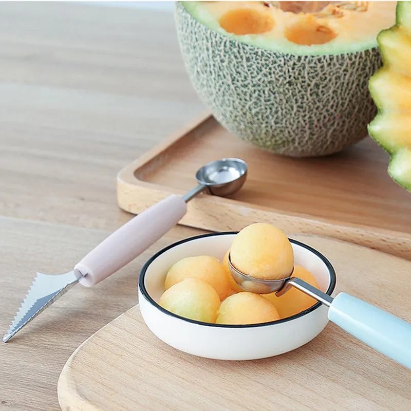 Stainless Steel 2 in1 Dual-head Carving Knife Fruit Tool Watermelon Ice Cream Baller Scoop Stacks Spoon Home Kitchen Accessories HY0374