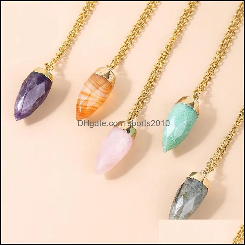 circular cone stone crystal charms gold chain pendant necklaces amethyst rose quartz wholesale jewelry for women