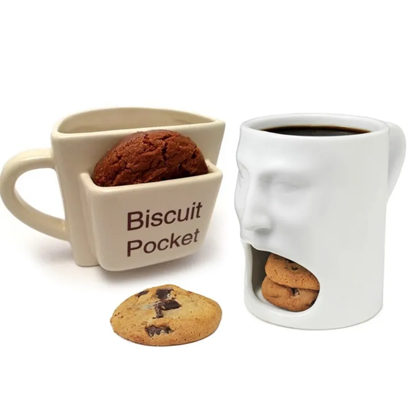 Creative Coffee Mug With Biscuit Cookie Dessert Pocket Funny Mug Ceramic Mugs For Coffee Tea Cup Travel Copa Cup Funny Gift T200506