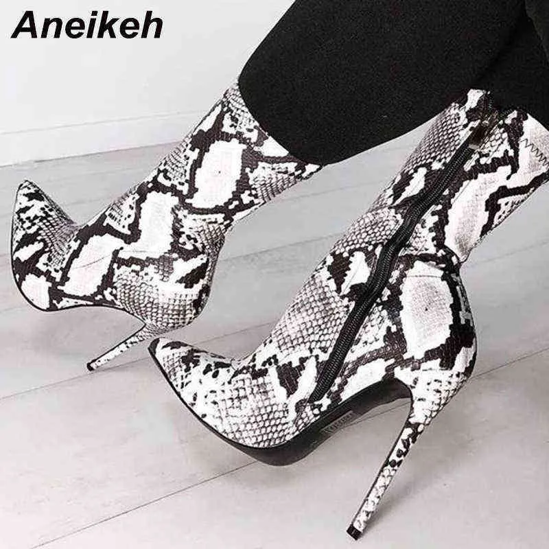 Aneikeh Spring Fashion New Pu Python Muster Mid Cal Women's Stiefel 11 cm dünne Absätze spitzer Zehenzip sexy Partypumpen 220421