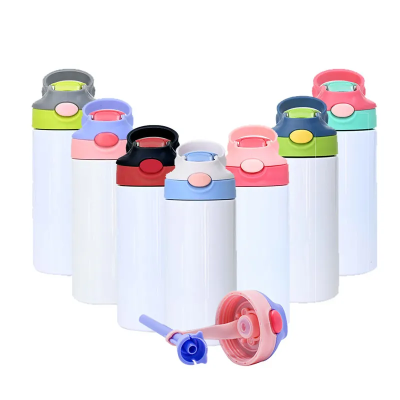 12oz Sublimación en blanco Tazas para sorber 350 ml Botella de agua para niños Vaso Doble pared Acero inoxidable Taza para beber con aislamiento al vacío Tazas con asa Tapas con tapa abatible emergente