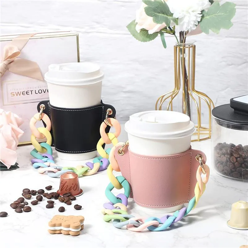 Chain Coffee Cups Sets Hand Held Glass Holder Tumbler Holder Detachable Chain Carrying Handle Cup Outer Packaging Leather