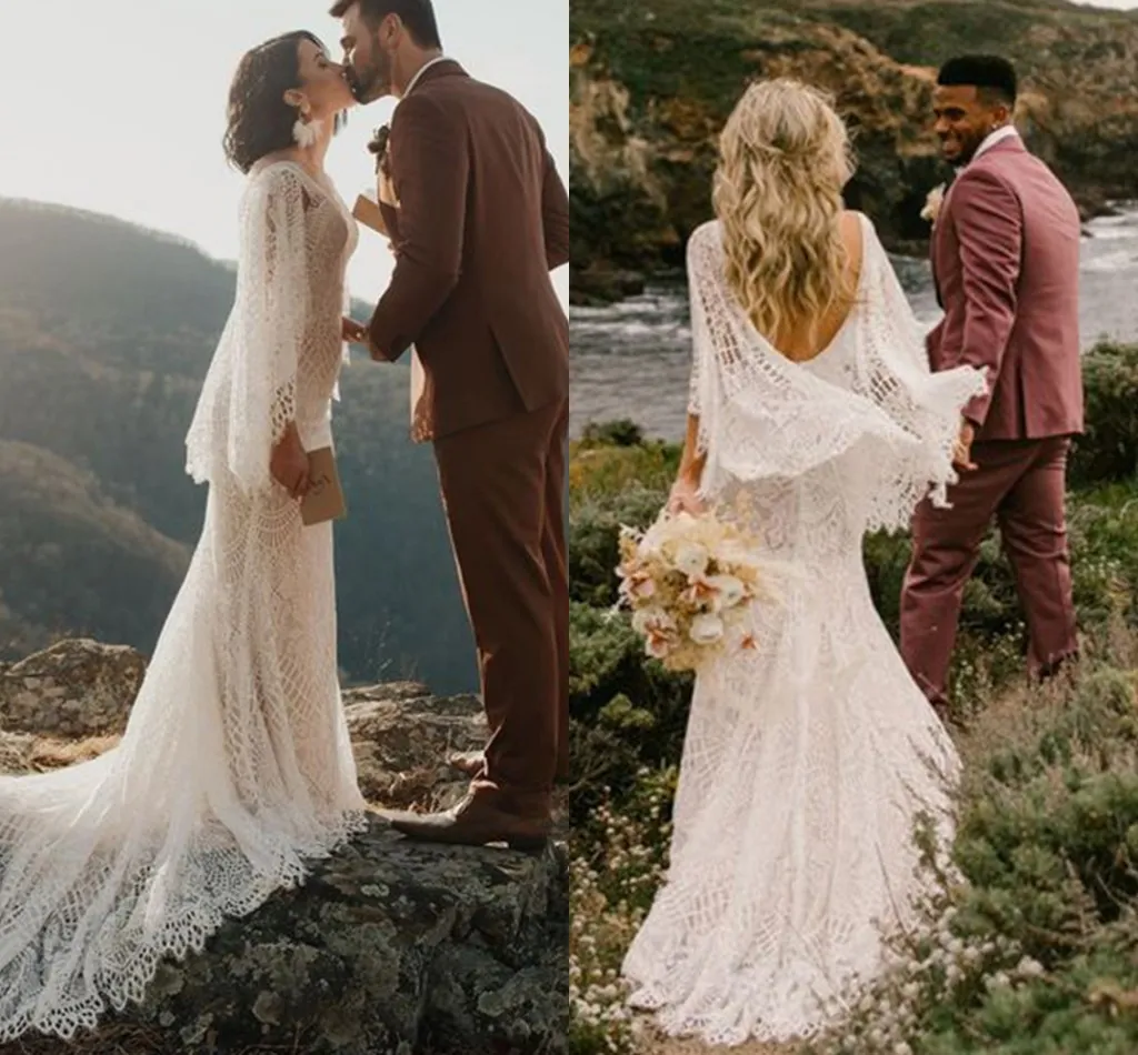 Robe de mariée style bohémien, manches longues évasées, col en v, dentelle en coton Crochet, Hippie, plage, pays, sirène, 2022