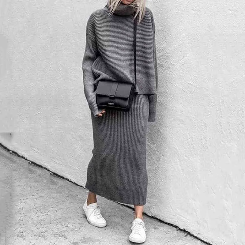 Autumn Winter Warm Long Knit Two Piece Skirt Set Women Turtleneck