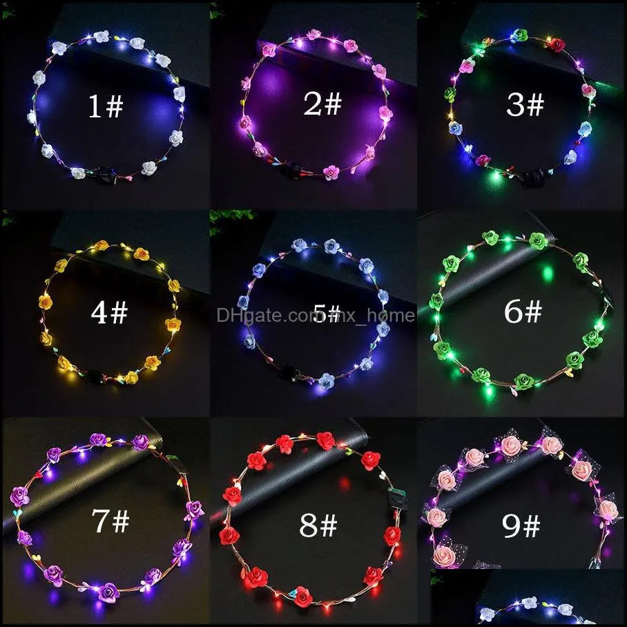 22 Styles Flashing LED Hairbands strings Glow Flower Crown Headbands Light Party Rave Floral Accessories Garland Luminous Hair Wreath