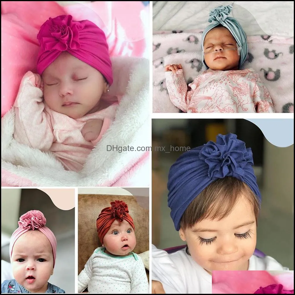 Soft Cotton Solid Turban Hats Caps Beanies Headwraps with Big Flower Bow for Baby Girls Infants Toddlers Kids