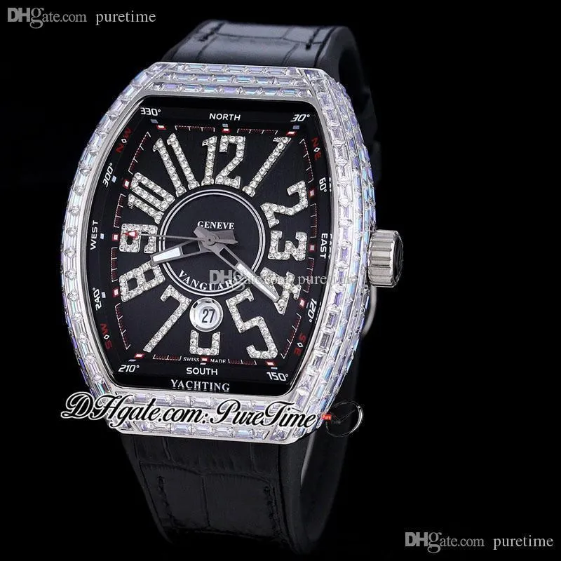 Vanguard V45 Miyota 8215 Automatique Montre Homme Baguette Diamants Lunette Cadran Noir Grand Nombre Marqueurs De Diamants Bracelet Gomme Glacé Bijoux Montres Puretime E244a1