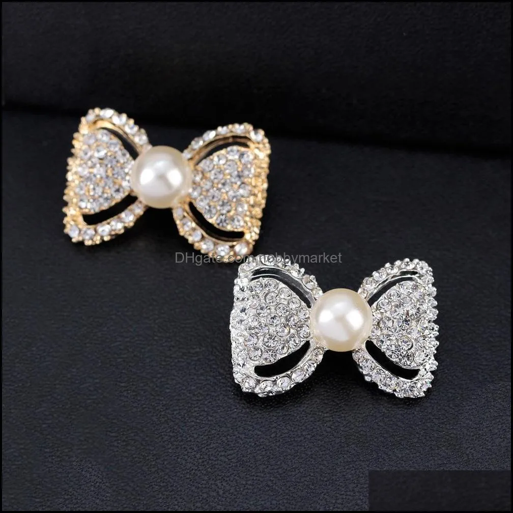 Rhinestone Bow Brooch Gold Silver Color Simulated Pearl Brooches Pins for Wedding