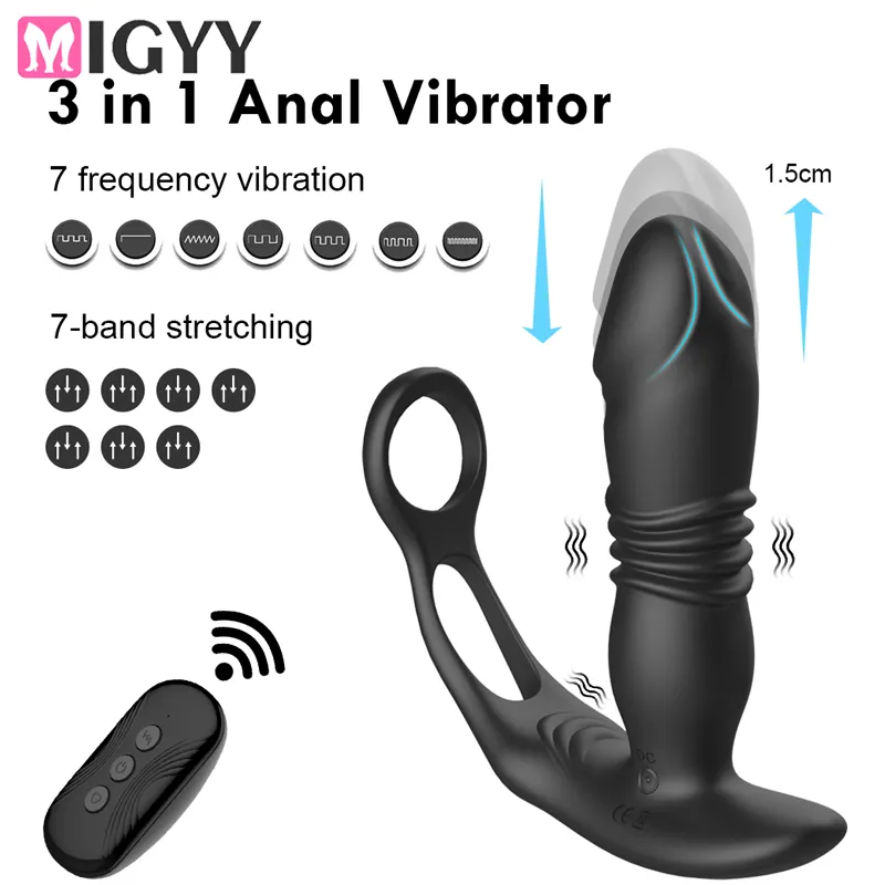 3in1 vibratrice de fiche anale Toys sexy pour hommes masturbateurs massage de la prostate poussant la bague de pénis de gode féminine gay