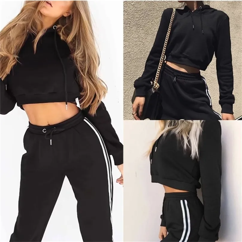 Femmes Ensemble 2 Pièces Ensembles Survêtement Imprimer Hoodies Crop Top Side Stripe Pantalon Pull Hoodies Femmes Vêtements Costumes De Sport Tenues LJ201117