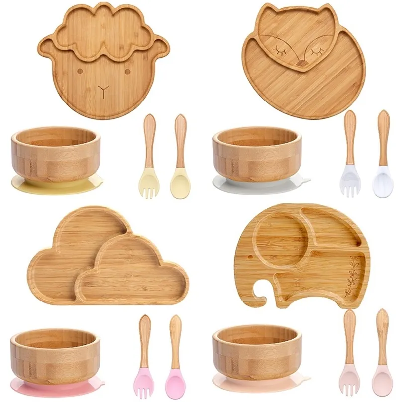 4pcs Children s Tableware Suction Plate Bowl Baby Dishes Feeding Spoon Fork Sets Bamboo for Kids 220708