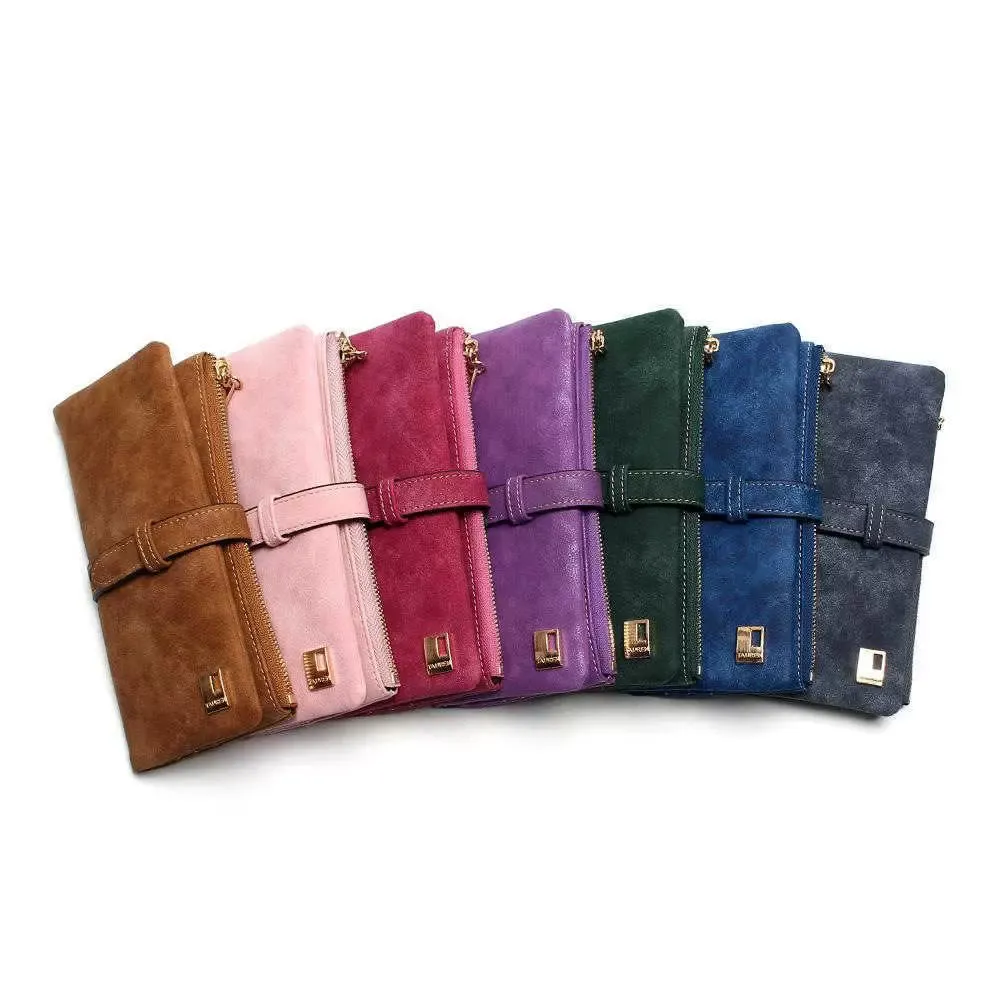 Carteras Coreana Cuero helado Dos pliegue con cordón largo Tarjeta Multi Multi Wallet