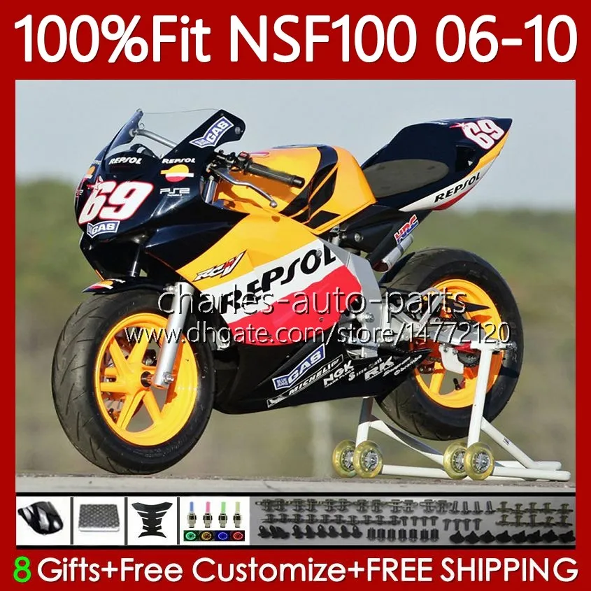 Corpi di stampaggio ad iniezione in fibra di vetro per HONDA NSF-100 Carrozzeria NSF 100 116No.0 NSF100 06 07 08 09 10 NS-F100 2006 2007 2008 2009 2010 Carena in fibra di vetro Repsol Orange