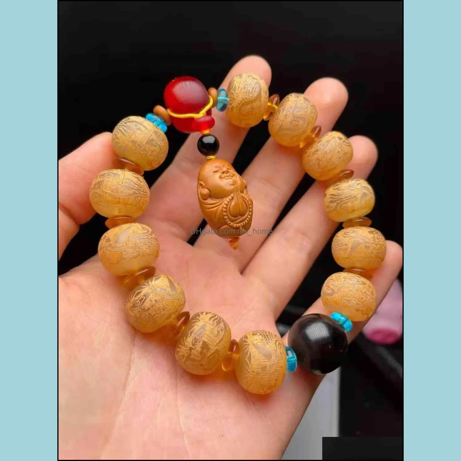 Chinese Style Products Tibetan Natural Sheep Horn Round Bead Single Circle Buddha Hand String Diy with Olive Core Lobular Red