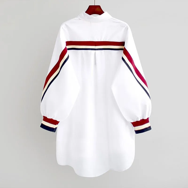 Bluzki damskie koszule 2021 białe luźne zapinane paski bandaż kobiety skręcić w dół kołnierz tkane z długim rękawem Plus rozmiar bluzki damskie