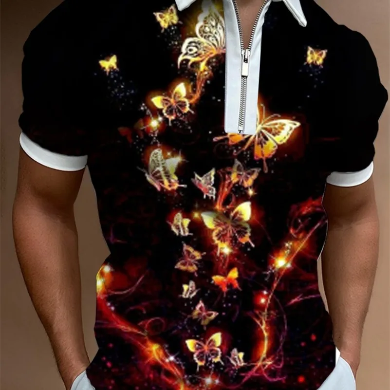 Летние высококачественные мужские рубашки Polo Zipper Men Print Casual с коротки