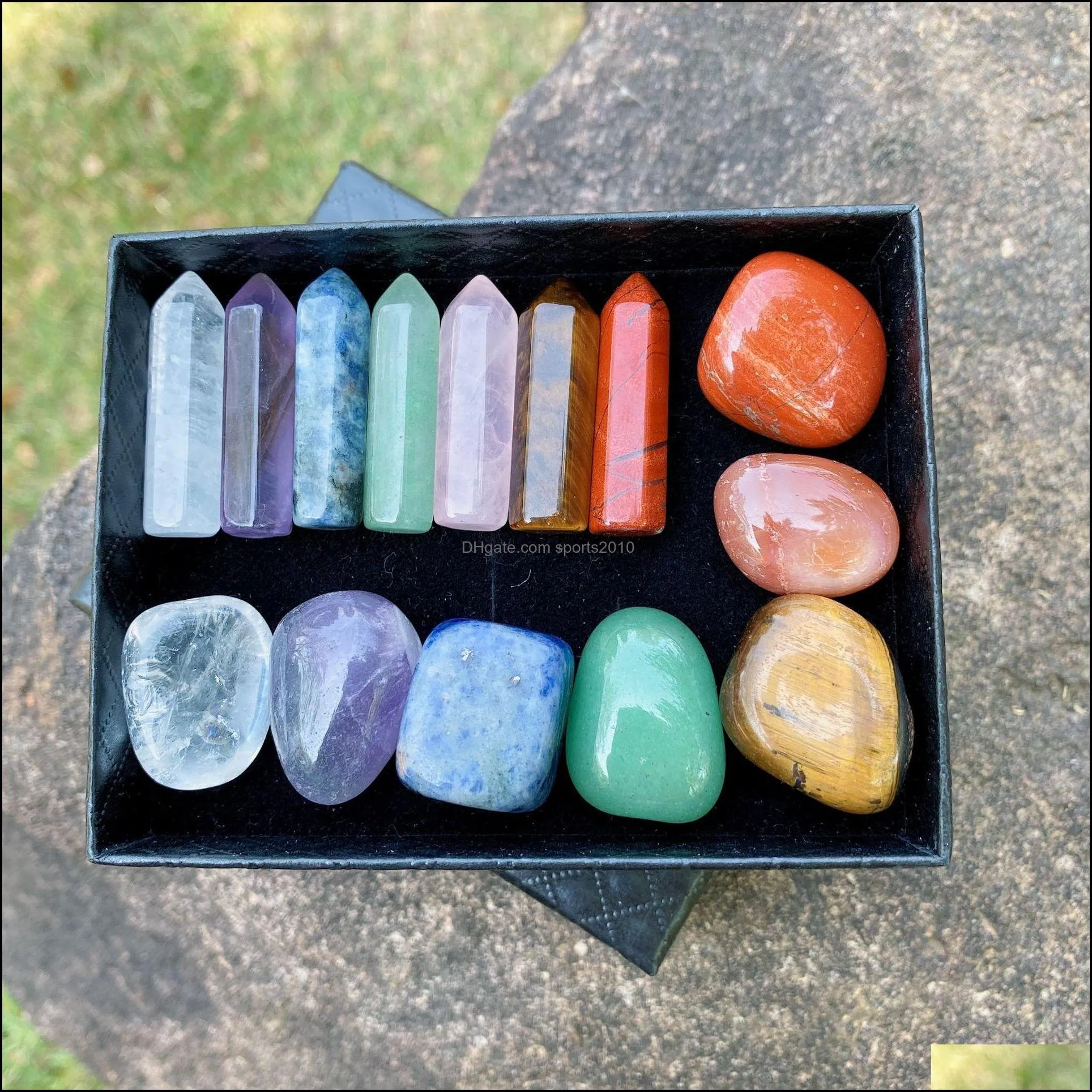 7 chakra box set reiki natural stone crystal stones ornaments hexagon prism quartz yoga energy bead healing art craft decor sports2010