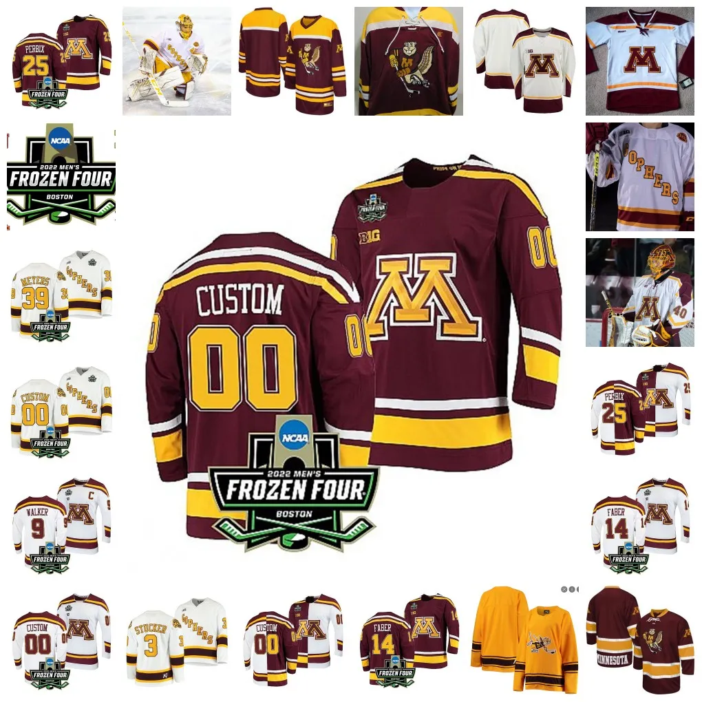 Championnat NCAA Frozen Four 2022 Maillot de hockey des Golden Gophers du Minnesota personnalisé 58 Sampo Ranta 40 Mat Robson 2 Tyler Nanne (C) 9 Sammy Walker (C) 23 Ryan Johnson Maillots