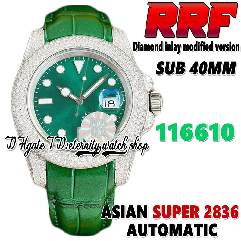 RFF Latest ew126610 A2836 Automatic Mens Watch 40MM Diamond Bezel tw116610 Green Dial Stainless Steel Iced Out Diamonds Case Leather strap eternity Jewelry Watches