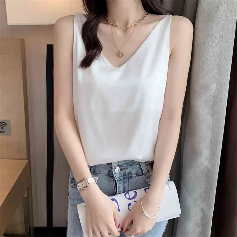 Summer V neck Cami Top Solid Color Silk satin Womens Loose Sling women tops 210507