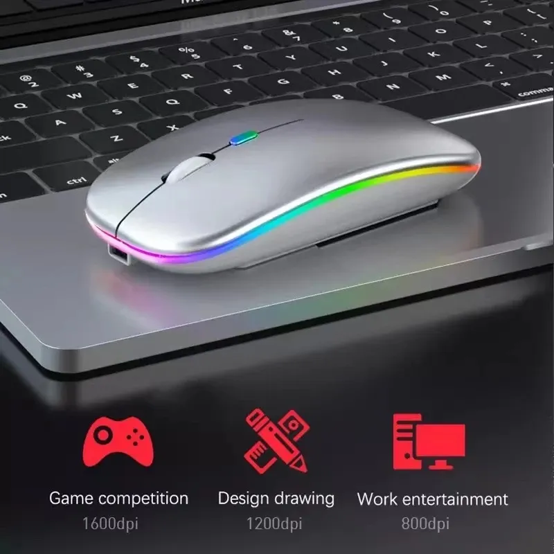 Drahtlose Bluetooth-USB-Maus, wiederaufladbar, 2,4 GHz, LED-Licht, geräuschlos, ergonomisches Design, Touch für Laptop, MacBook, iPad, PC, Computer