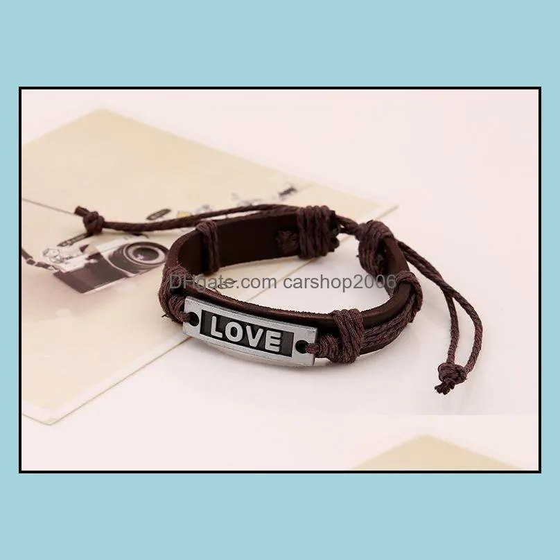 fashion brown leather rope braided handmade love charm bracelets jewerly punk bangle for women men unisex