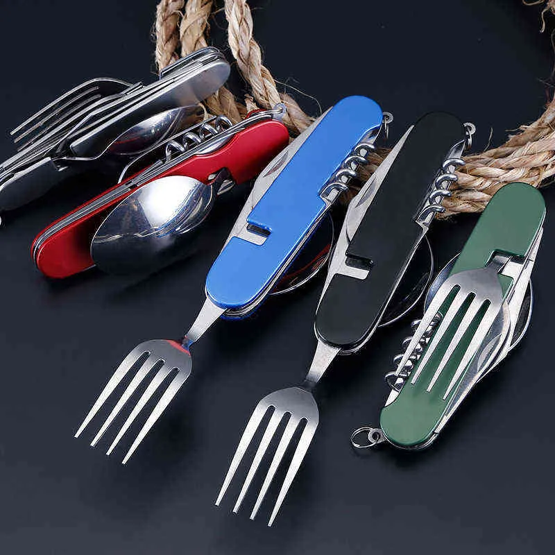 Folding Tableware Portable Multi-purpose Tool Western Tableware Utensils Bottle Opener Picnic Camping Spoon Knife and Fork Y220530