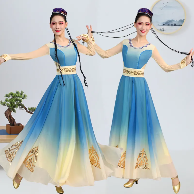 Xinjiang Stage Draag Chinese volksdanskostuum Traditionele nationale nationale lange dansenjurk Uyghur -kleding voor vrouwen