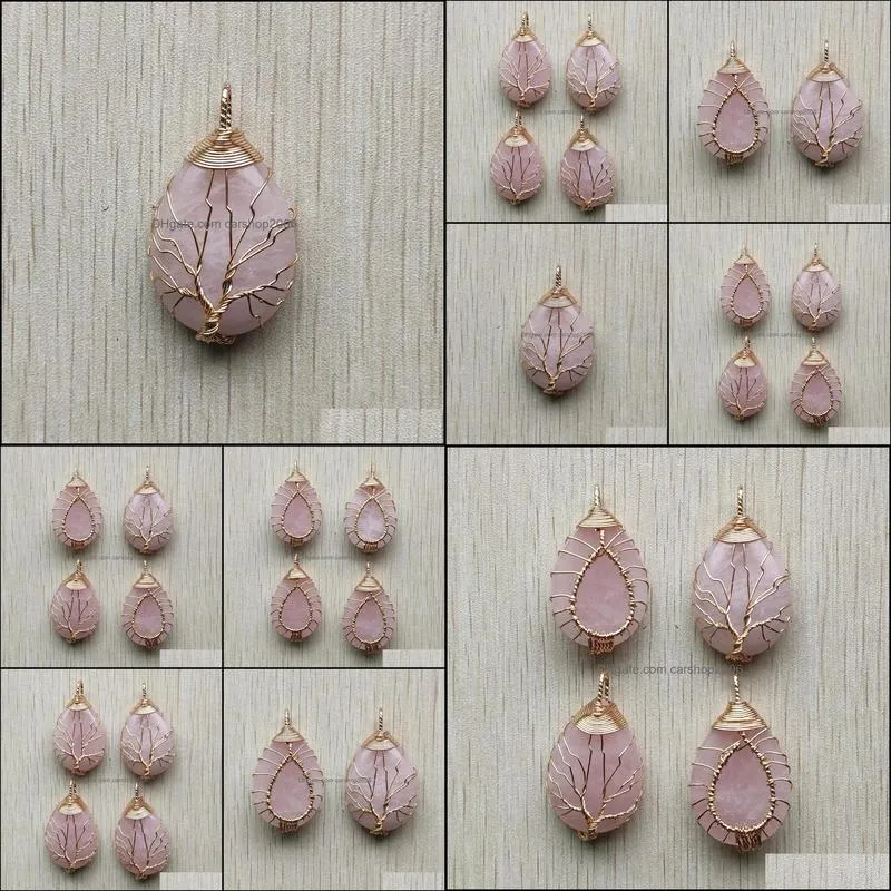gold color pink rose quartz wire wrap handmade tree of life charms natural stone pendants diy necklace jewelry making