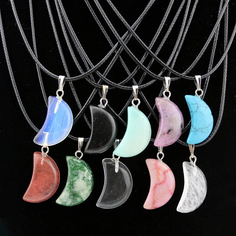thumbnail image 2 of Natural Crystal Crescent Moon Pendant Necklace – Healing Reiki Gemstone (Multicolor, Handmade From India) 2 of 5