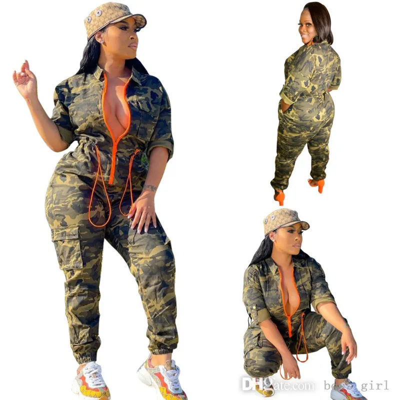 Spårdräkter plus storlek S-3XL 4XL 5XL Women Camouflage Jumpsuits Autumn Zipper Cardigan Bodysuit midja Stängande i ett stycke