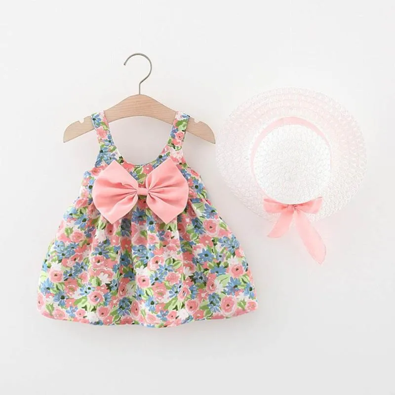 Robes de fille Robe de fille infantile 2022 Été bébé arc anniversaire tutu floral avec un chapeau Sling princesse mignonne tenues 6m-2ygirl's