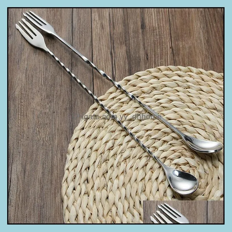 26cm stainless steel long mixing spoon, spiral long bar spoons for cocktail drinking, two head long spoons forks