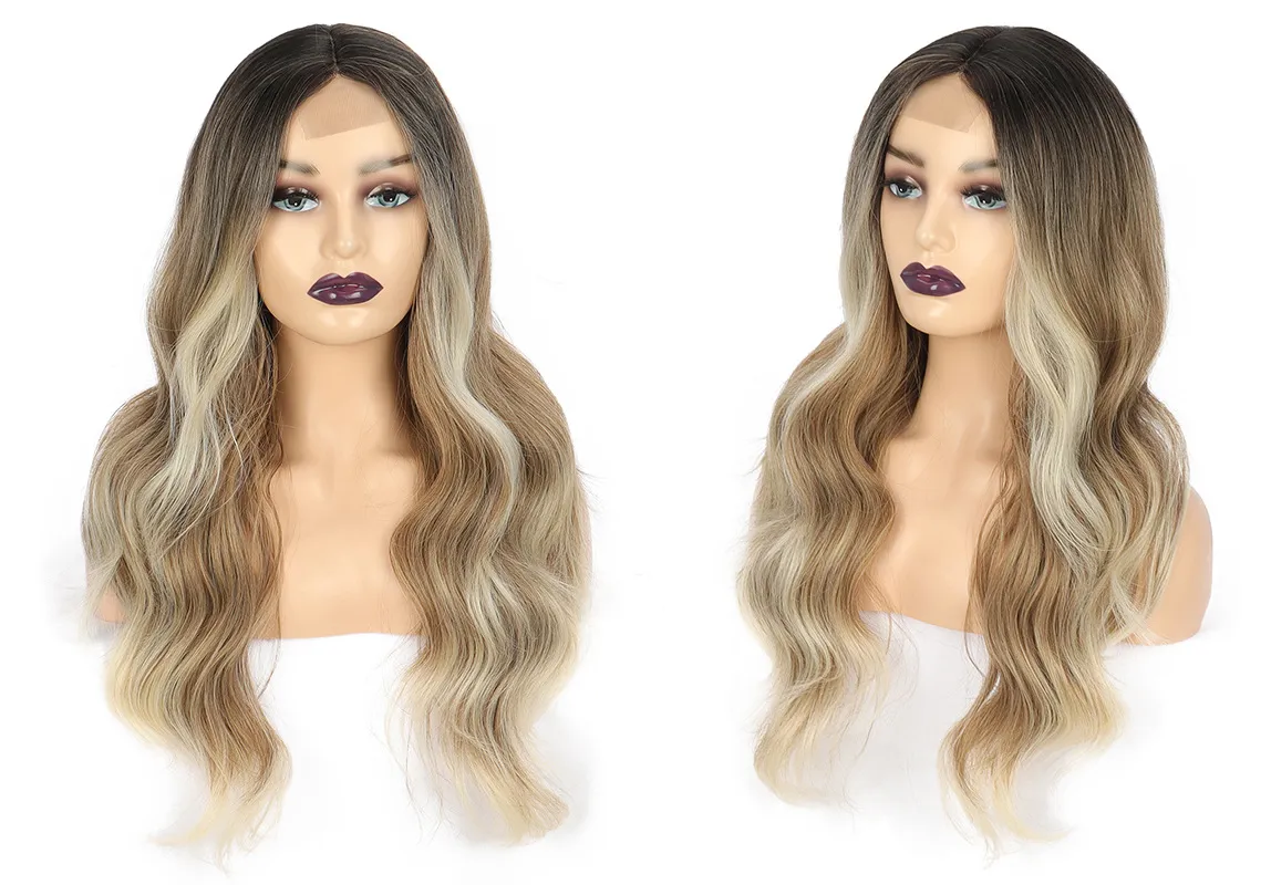 24 "lange krullende nix blonde middelste onderdeel ombre haren kleine kanten menselijk haar synthetische pruik