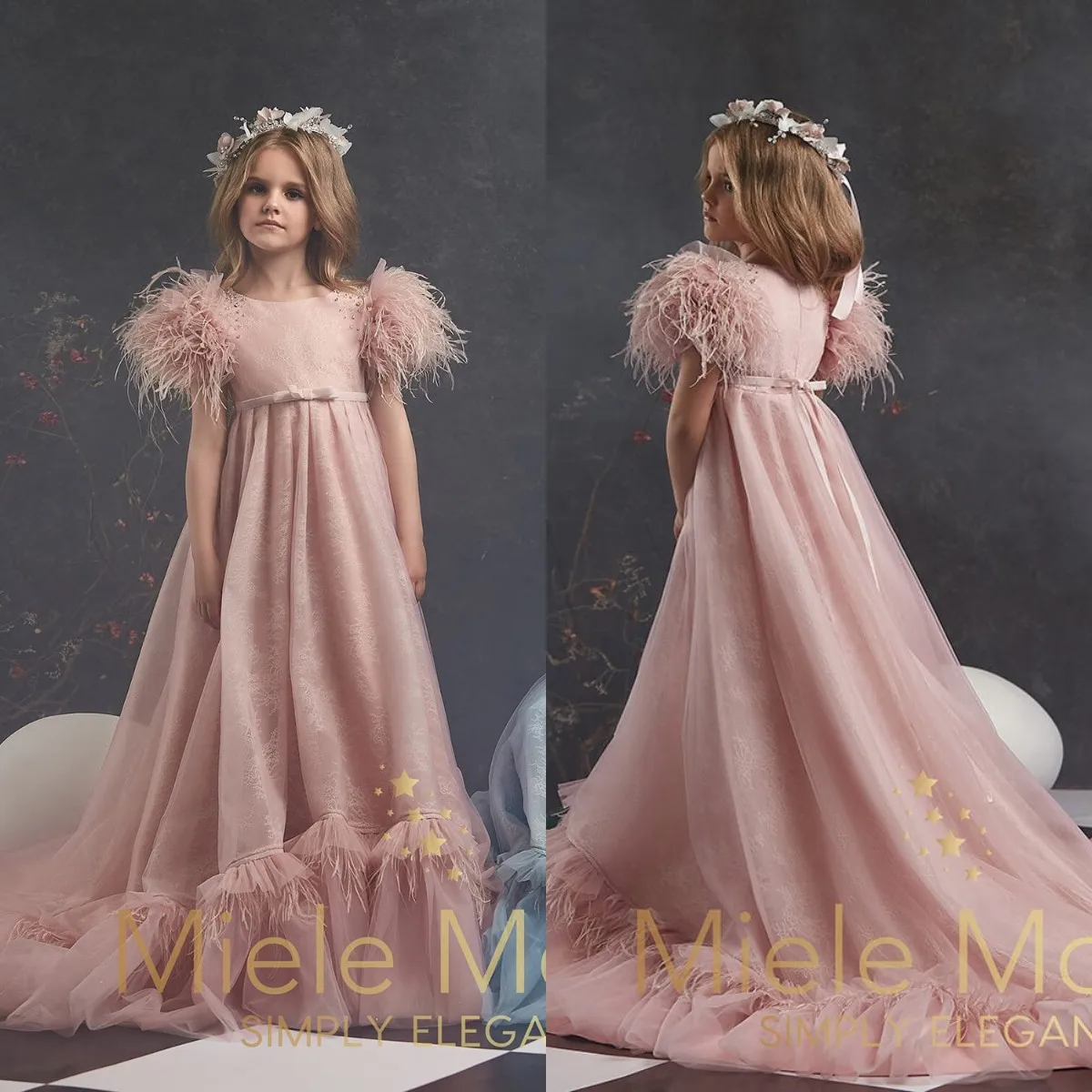 Princesse rose 2022 plume fleur fille robes bébé dentelle Tulle Photo Shoot robe enfant en bas âge anniversaire mariage invité robe