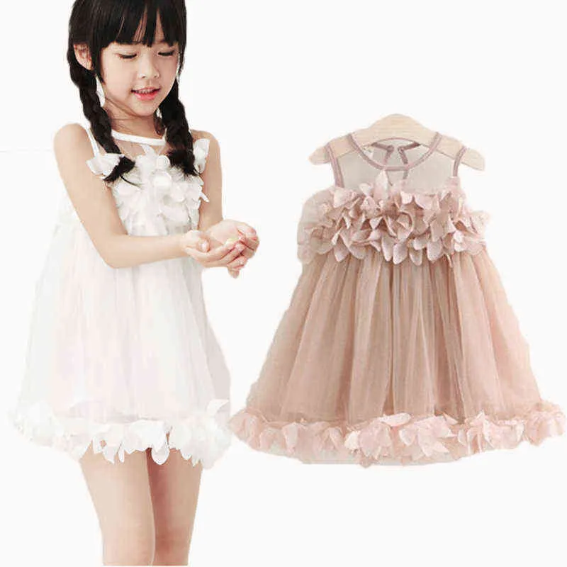 2019 Summer Mesh Vest Girls Dress Baby Girl Princess Dress Fashion Sleeveless Petal Decoration Party Chlidren Clothes G220428