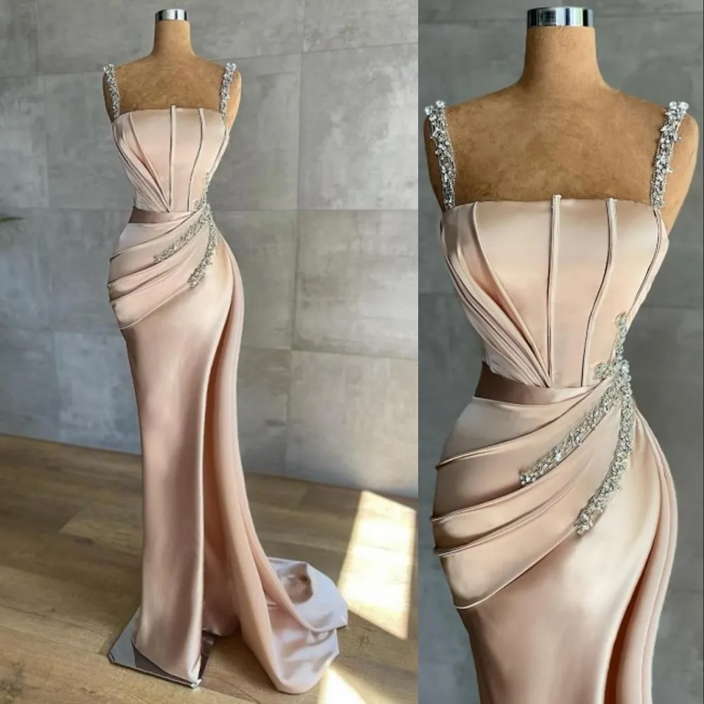 2022 Sexy Sheath Mermaid Evening Dresses Wear Latest Spaghetti Strap Crystal Beads Sequins Pleats Side Split Long Formal Party Celebrity Gowns Vestidos