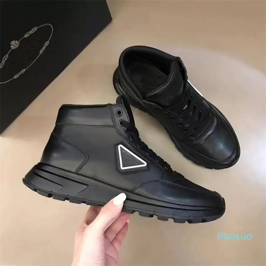 Modemerk geborsteld lederen sneakers schoenen mannen technische driehoek rubber lug sole casual top luxe buitentrainers