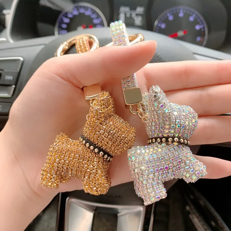 Luxe français chien porte-clés anneaux Animal bouledogue plein cristal strass voiture porte-clés porte-clés cadeaux mode sac charmes pendentifs bijoux accessoires