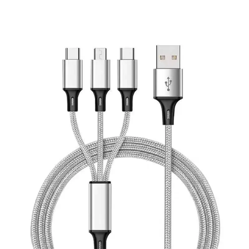 1.2m 3 in 1 oplaadkabels voor Huawei LG Samsung Note20 S20 Micro USB Type C met Metalen Hoofd Plug Opp Bag