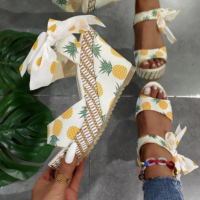 Sandals Summer Wedges Women Bowknot Platform Fruit Print Ribbon Shoe Female Casual Ladies Fashion Open Toe SandalSandals