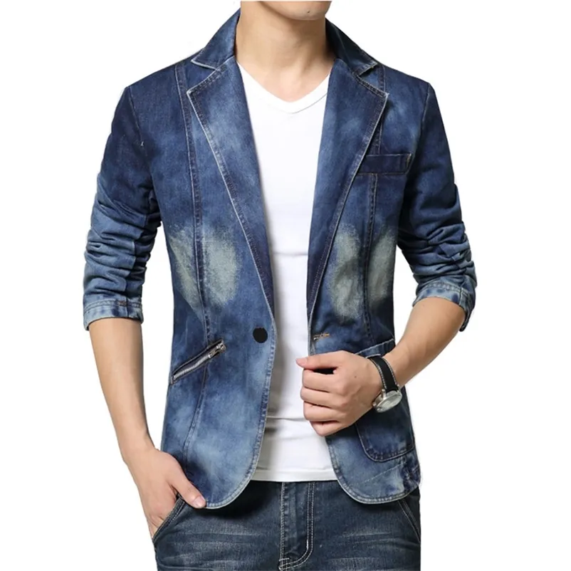 Джинсовый костюм куртка бренда мужская мужская стройная джинсовая куртка одна кнопка повседневная Jaqueta джинсовый мужской тонкий костюм Blazer Men 220409