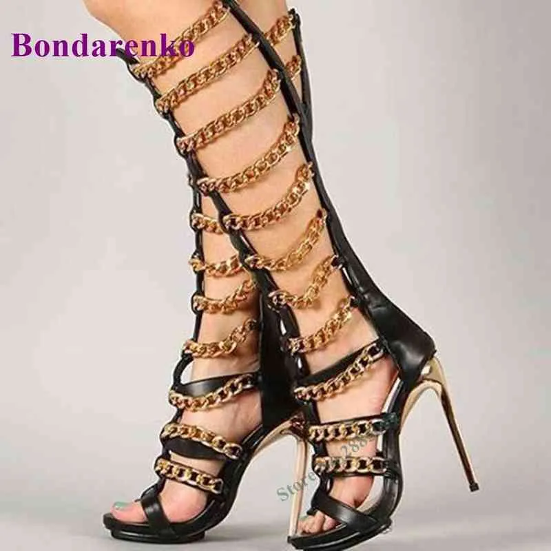 Kettingbanden uitsnijdingen knie hoge sandalen laarzen open teen stiletto hoge hak rug rits sandalen goud zwart zomer feestjurk schoen 220514