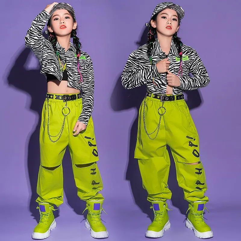 Stage Wear Enfants Hip Hop Vêtements Filles Fluorescent Vert Pantalon Mode Tops Street Dance Costume Jazz Performance Tenues Rave BL5916Stage