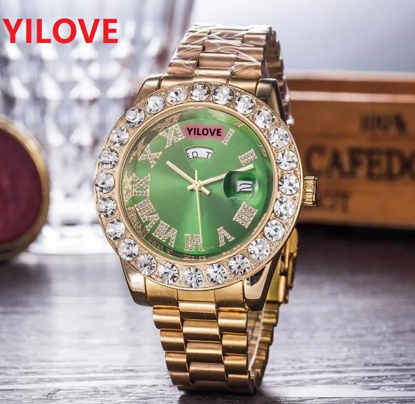 On Sale Luxury Roman Bling Hip Hop Full Iced Out Orologio 43mm Quarzo Grandi strass Diamanti Orologi Uomo Settimana Giorno Giorno Data Orologio da polso in acciaio inossidabile montre de luxe